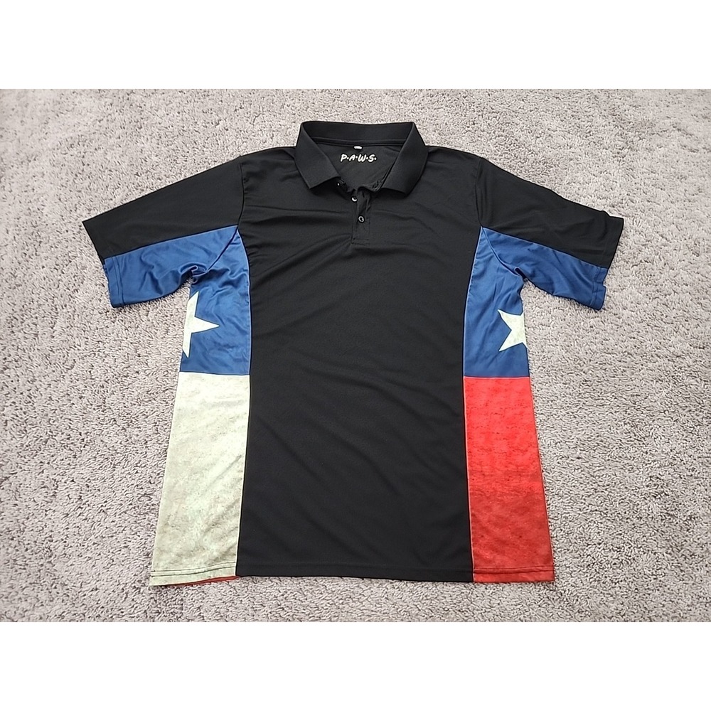 Alanic Polo Shirt Mens L Black Texas Flag Performance Activewear Golf P.A.W.S.